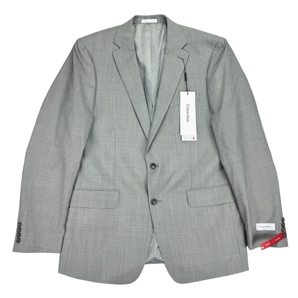 Calvin Klein Mens X Slim Fit Malbin 100% Wool Stretch Suit Jacket Light Gray 44L